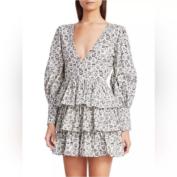 LoveShackFancy Paris Dandelion Print Long Puff Sleeve Ruffle Mini Dress 4 - Picture 1 of 11